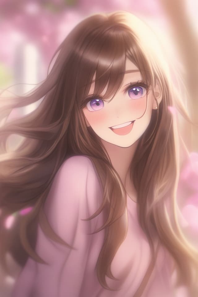  Parker, brown hair, long hair, girl, gentle, pink eyes, smiles