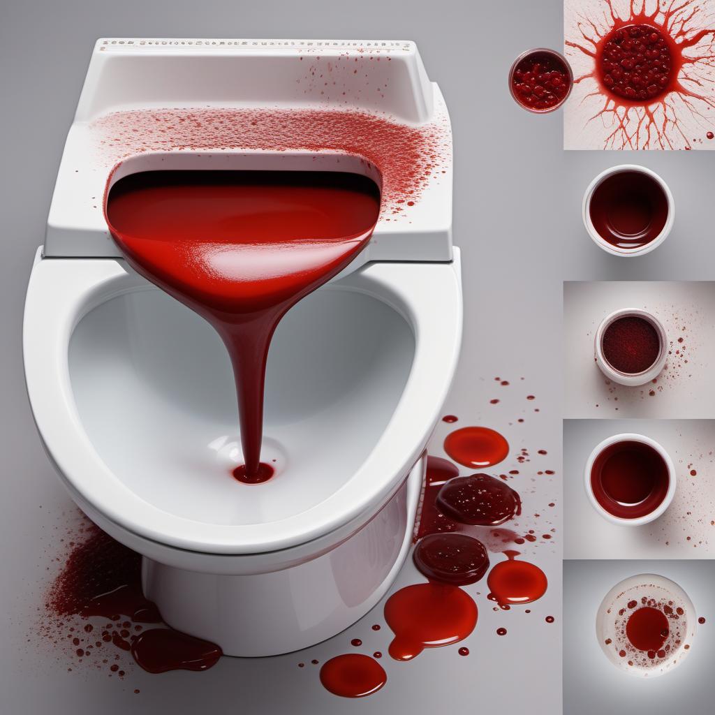  20 different picture illustrations of what blood in stool might look like. Each image should depict a different representation, including variations in color, consistency, and amount. The settings can range from the toilet bowl, toilet paper, to stools themselves. Illustrate some with bright red blood, some with darker, tarry stools, and varying mixes of blood and stool. hyperrealistic, full body, detailed clothing, highly detailed, cinematic lighting, stunningly beautiful, intricate, sharp focus, f/1. 8, 85mm, (centered image composition), (professionally color graded), ((bright soft diffused light)), volumetric fog, trending on instagram, trending on tumblr, HDR 4K, 8K