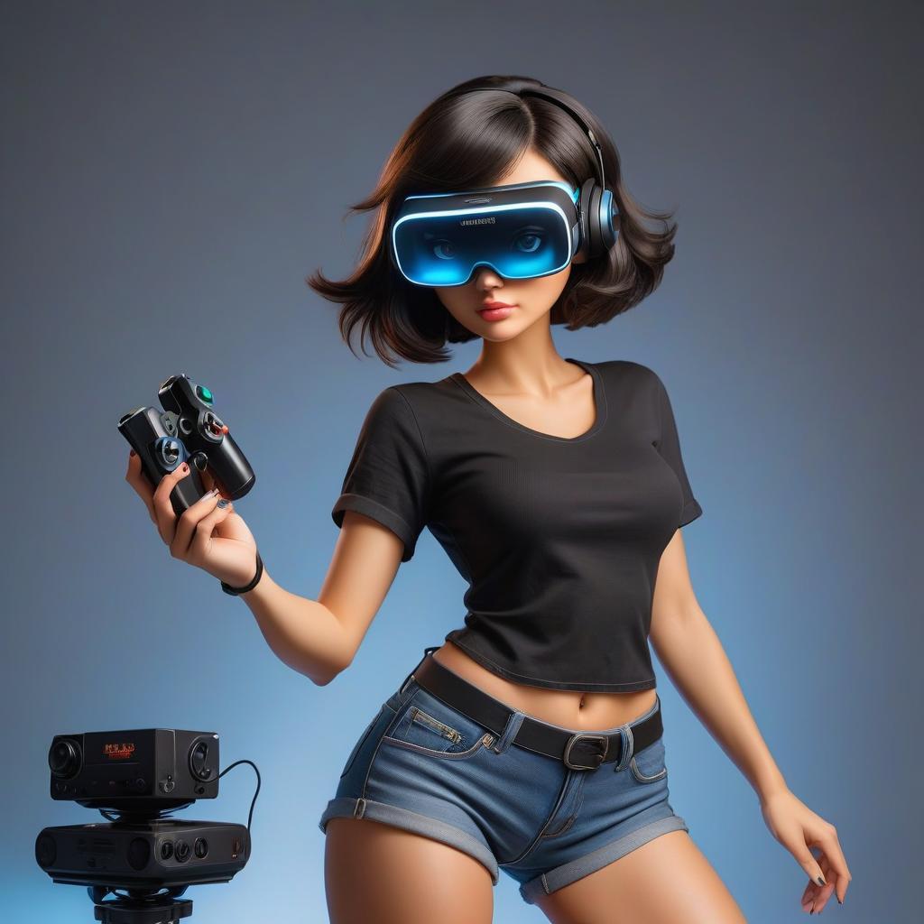  A girl with dark hair, a bob haircut, wearing a black top and denim shorts in VR glasses, holding a game controller in her hands, a direct view, fluorescent lighting. hyperrealistic, full body, detailed clothing, highly detailed, cinematic lighting, stunningly beautiful, intricate, sharp focus, f/1. 8, 85mm, (centered image composition), (professionally color graded), ((bright soft diffused light)), volumetric fog, trending on instagram, trending on tumblr, HDR 4K, 8K