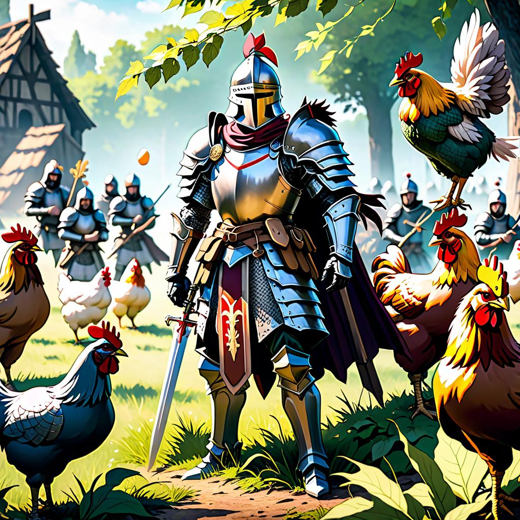  anime artwork A knight in armor with a stinging nettle bow in his right hand and chicken eggs in his left, looks bewildered or uncertain, surrounded by other knights on a medieval battlefield. . anime style, key visual, vibrant, studio anime, highly detailed, Perfect Hands hyperrealistic, full body, detailed clothing, highly detailed, cinematic lighting, stunningly beautiful, intricate, sharp focus, f/1. 8, 85mm, (centered image composition), (professionally color graded), ((bright soft diffused light)), volumetric fog, trending on instagram, trending on tumblr, HDR 4K, 8K