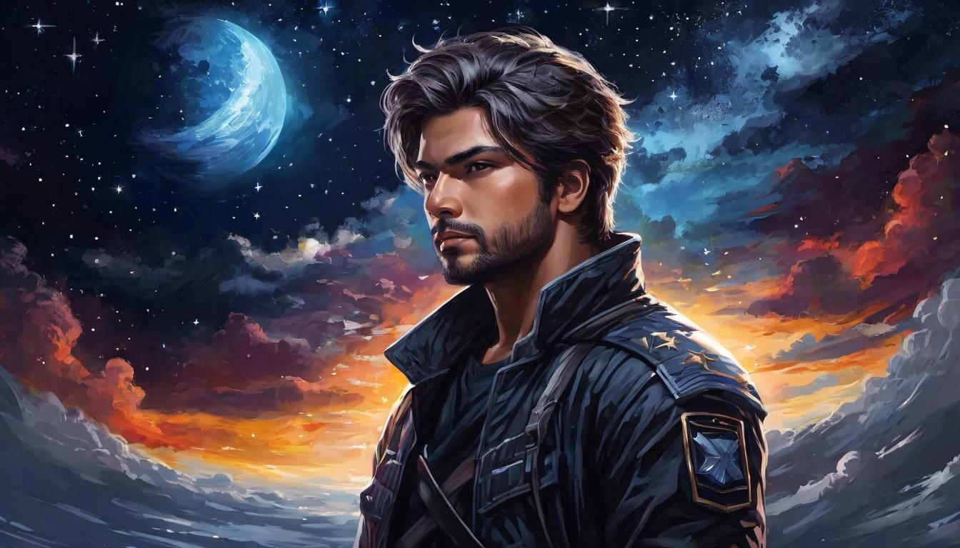  digital painting of An upward gaze towards celestial lights, rebellious stance, starry background, contrasting light and dark, ambitious, defiant looking at viewer, dynamic pose, (intricate details, masterpiece, best quality)