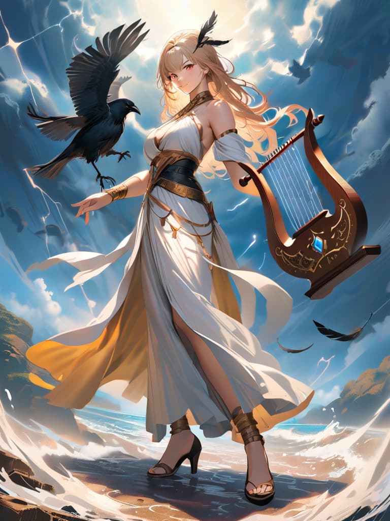  concept art lyre, stringed instrument, nymph, smile, long blond hair, messy hair, leaf in hair, toga, long dress, sitting on rock, storm, ocean, lightning, crows, black feathers front view, , , photorealistic, raw photo, (1girl, looking at viewer), long hair, bare white shoulders , intricate armor, carved wood filigree, intricate filigree, gold metalic parts, detailed part, dynamic pose, detailed background, dynamic lighting,(textured skin:1.3). digital artwork, illustrative, painterly, matte painting, highly detailed