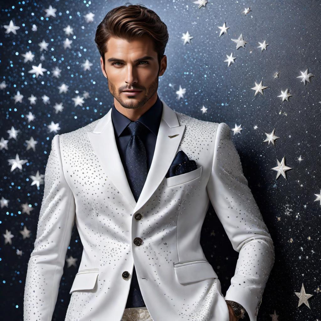  A white suit covered in stars. The suit is classic with a jacket, tie, and trousers. The stars are glimmering and twinkling, covering the entire suit, giving a celestial and magical appearance. All stars are tiny, creating an elegant and sophisticated look. The suit is set against a dark background to highlight the glowing stars. hyperrealistic, full body, detailed clothing, highly detailed, cinematic lighting, stunningly beautiful, intricate, sharp focus, f/1. 8, 85mm, (centered image composition), (professionally color graded), ((bright soft diffused light)), volumetric fog, trending on instagram, trending on tumblr, HDR 4K, 8K