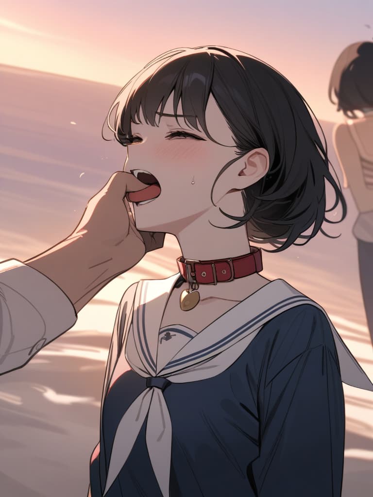  Gles, black hair, ided, sunset, tio, the gles , the gles , the gles , inserted into the mouth, sailor suit, , insult, , slave. , Collar, holding a man with your mouth, holding a man with your mouth, tingling a man, masterpiece, best quality,8k,ultra detailed,high resolution,an extremely delicate and beautiful,hyper detail