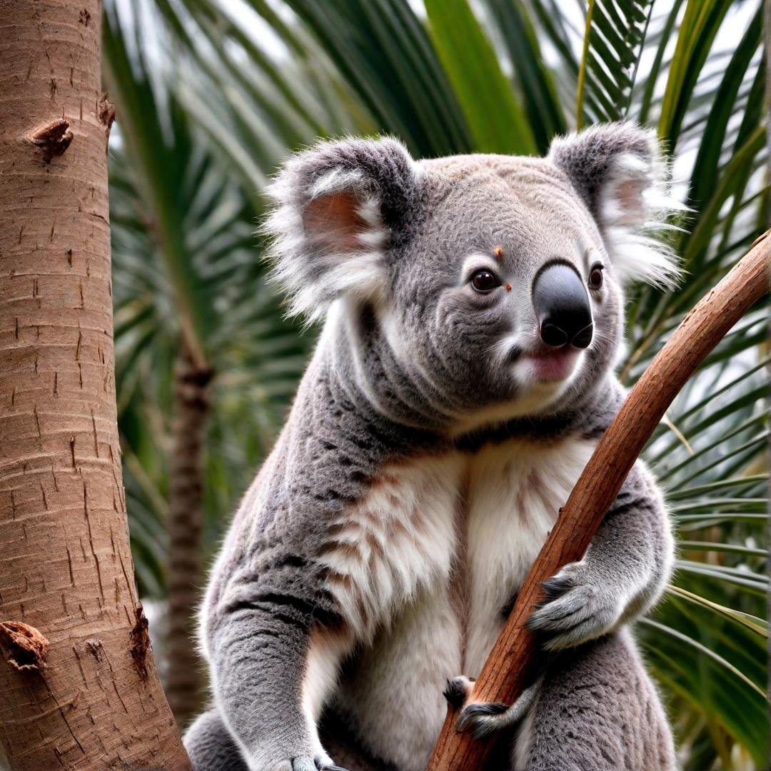  Colorful koala sitting on a palm tree at over looking the ocean hyperrealistic, full body, detailed clothing, highly detailed, cinematic lighting, stunningly beautiful, intricate, sharp focus, f/1. 8, 85mm, (centered image composition), (professionally color graded), ((bright soft diffused light)), volumetric fog, trending on instagram, trending on tumblr, HDR 4K, 8K