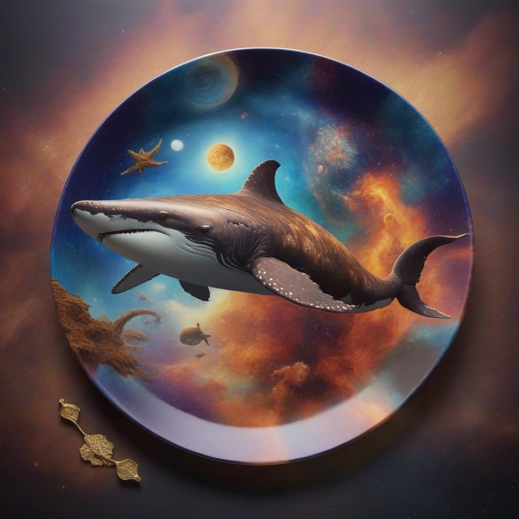  ancient chaotic colossal god eating giant space whales on a fractal starscape dinnerplate, drinking fractal starscape tea