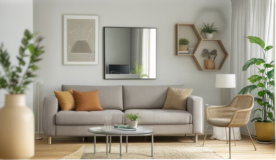  realistic image, tv, modern, modernity, a living room with a gray couch and pillows, main colour black, tilt shift mirror background, fine image on the store website, grey and dark theme, ikea catalogue, tapestry, rounded lines, sand 8k, colored walls, sliding glass windows, unique design,full HD, fabrics textiles