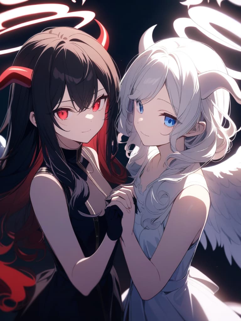  ((Angel and devil,angel,devil,facing each other,s together,y,tempting,devil on the right,angel on the left,holding hands,divine)),((Angel,angel wings,angel halo,halo,white dress,big s,blue eyes,white hair,perm,long hair,curly hair,beautiful,pretty ,puzzled face)),((Devil,devil wings,devil horns,devil tail,red eyes,black hair,straight long hair,big s,black dress,black gloves,devilish smile,pretty )),pretty ,cute,high quality,two people,two s,ultra detailed,best shadow,cute and beautiful face,(masterpiece:1.2),(best quality:1.2),detailed background,high contrast,(best illumination,an extremely delicate and beautiful),((cinematic light)),hyper detail,dramatic light,intricate details,8k,anime,very aesthetic、(