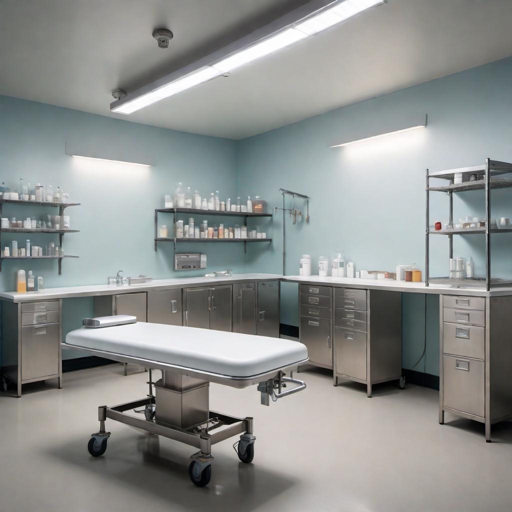  The interior of a small, low-budget embalming room. The space is modest and practical, with just the essentials. A simple embalming table is centered in the room, surrounded by plain, functional equipment. The walls are sparsely decorated, perhaps with white paint or slightly worn tiles. Basic shelving units hold necessary embalming supplies. There's a minimalistic industrial sink in one corner and a small counter with essential tools. The lighting is basic but adequate, providing sufficient illumination without any frills. The overall atmosphere is utilitarian, reflecting budget constraints. hyperrealistic, full body, detailed clothing, highly detailed, cinematic lighting, stunningly beautiful, intricate, sharp focus, f/1. 8, 85mm, (centered image composition), (professionally color graded), ((bright soft diffused light)), volumetric fog, trending on instagram, trending on tumblr, HDR 4K, 8K