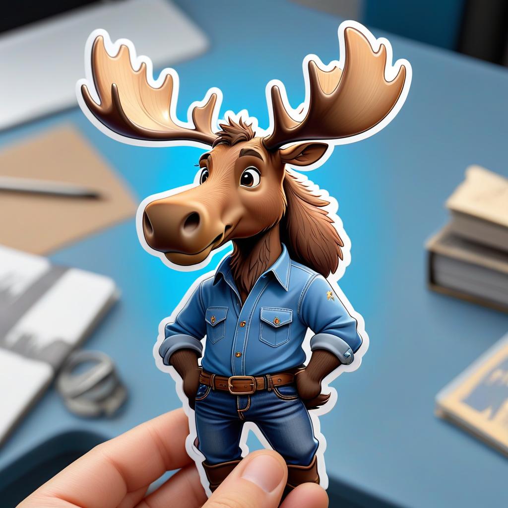  concept art Sticker. A humanized cute moose in a blue shirt and jeans. with a white outline along the contour . digital artwork, illustrative, painterly, matte painting, highly detailed, STICKER hyperrealistic, full body, detailed clothing, highly detailed, cinematic lighting, stunningly beautiful, intricate, sharp focus, f/1. 8, 85mm, (centered image composition), (professionally color graded), ((bright soft diffused light)), volumetric fog, trending on instagram, trending on tumblr, HDR 4K, 8K