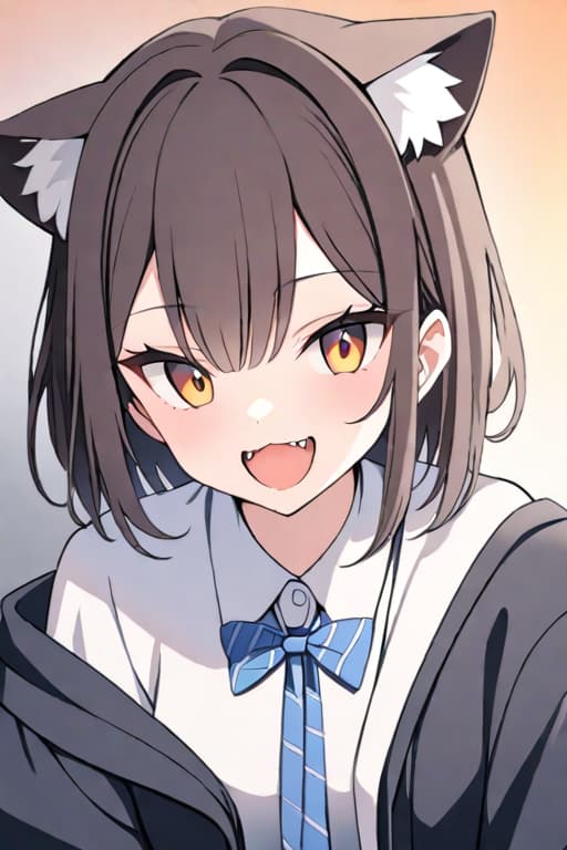  masterpiece, best quality, 1, solo, animal ears, bow, teeth, jacket, tail, open mouth, brown hair, orange background, bowtie, orange nails, simple background, cat ears, orange eyes, blue bow, animal ear fluff, cat tail, looking at viewer, upper body, shirt, uniform, hood, striped bow, striped, white shirt, black jacket, blue bowtie, fingernails, long sleeves, cat , bangs, fangs, collared shirt, striped bowtie, short hair, tongue, hoodie, sharp teeth, facial mark, claw pose hyperrealistic, full body, detailed clothing, highly detailed, cinematic lighting, stunningly beautiful, intricate, sharp focus, f/1. 8, 85mm, (centered image composition), (professionally color graded), ((bright soft diffused light)), volumetric fog, trending on instagram, trending on tumblr, HDR 4K, 8K