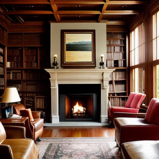  A cozy library filled with old books and a roaring fireplace