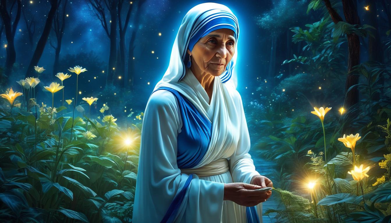  fluorescent dust, fluorescent spraypaint, fluorescent grain, fluorescent make up Mother Teresa in a quiet retreat, gentle light surrounding her, her appearance calm and rejuvenated, nature flourishing around, mood of preservation, rejuvenation, and calm.dust, cinematic film, best quality, high resolution, realistic, 8k, dynamic angle, serene, extremely detailed, absurdres particle effect, wonderful night dreamlike glowing masterpiece, celestial, detailed, realistic, image concept art, phenomenal mesmerise, maximalist,