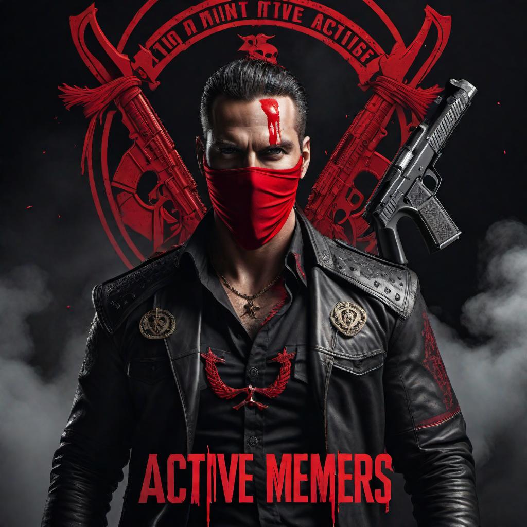  Image featuring the words 'ACTIVE MEMBERS' prominently in the center or upper portion in bold, red font with a dripping effect to signify intensity. Behind the text, two Glock handguns with their barrels crossed in a manner similar to a traditional pirate flag or skull and crossbones, representing unity or defiance. The guns have a classic or vintage style. The background is dark to emphasize the dramatic and aggressive aesthetic. hyperrealistic, full body, detailed clothing, highly detailed, cinematic lighting, stunningly beautiful, intricate, sharp focus, f/1. 8, 85mm, (centered image composition), (professionally color graded), ((bright soft diffused light)), volumetric fog, trending on instagram, trending on tumblr, HDR 4K, 8K