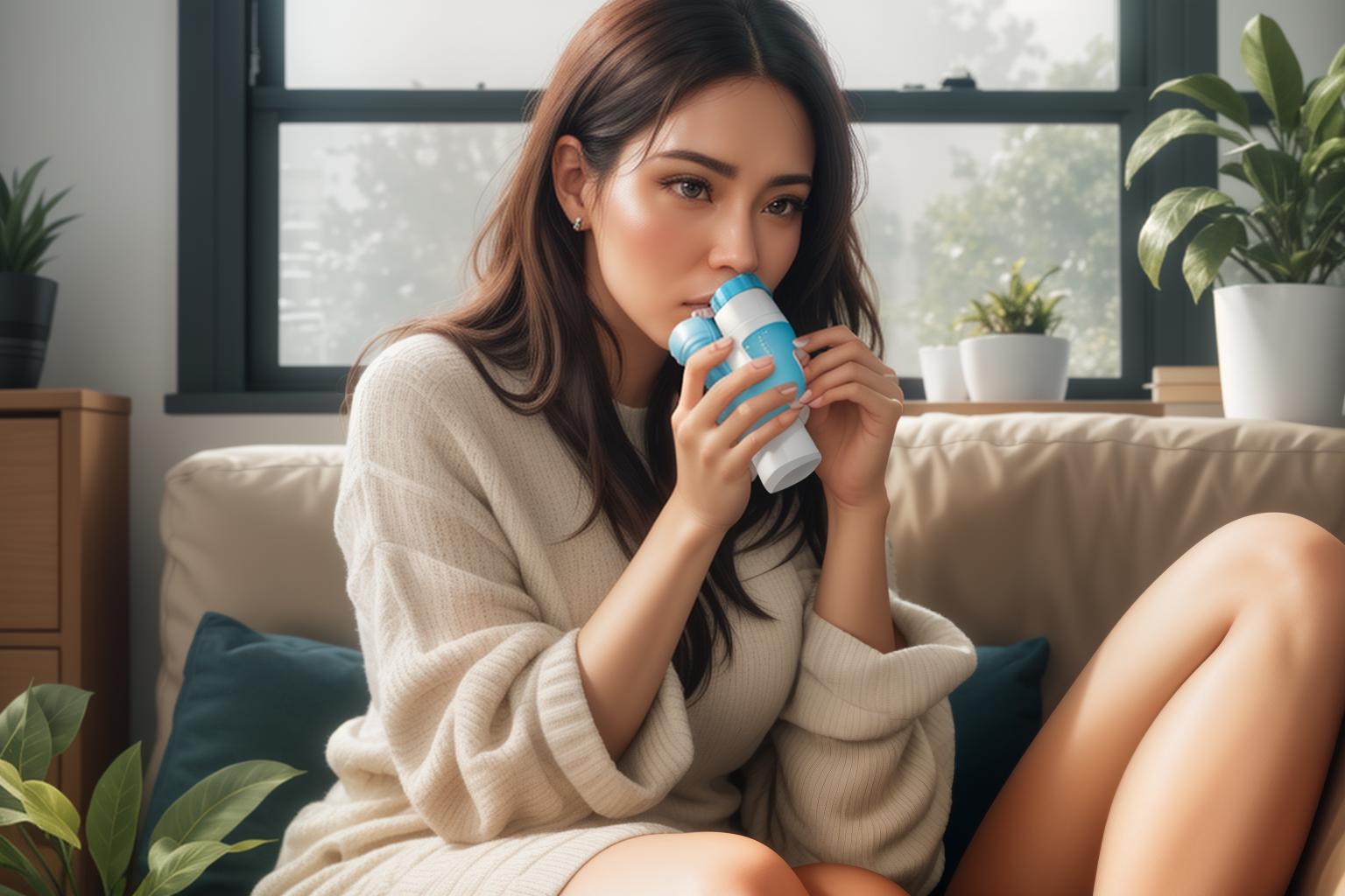  "Realistic close up of a young woman (female) in her late 20s, sitting on a cozy living room couch, holding an inhaler to her mouth. Her expression shows mild discomfort, indicating an asthma cough. The background is a softly lit, tidy living room with a few plants and a window letting in natural light, creating a calm atmosphere. The focus is on the woman and the inhaler, with a shallow depth of field to blur the background slightly. The image is detailed, capturing the texture of the inhaler and the woman's facial features clearly, conveying a realistic and relatable scene."Ensure no face,leg,hand or eye defomities.Ensure all images are clear, detailed, contains no text and no deformities. realistic, highly detailed, photorealistic, cinem hyperrealistic, full body, detailed clothing, highly detailed, cinematic lighting, stunningly beautiful, intricate, sharp focus, f/1. 8, 85mm, (centered image composition), (professionally color graded), ((bright soft diffused light)), volumetric fog, trending on instagram, trending on tumblr, HDR 4K, 8K