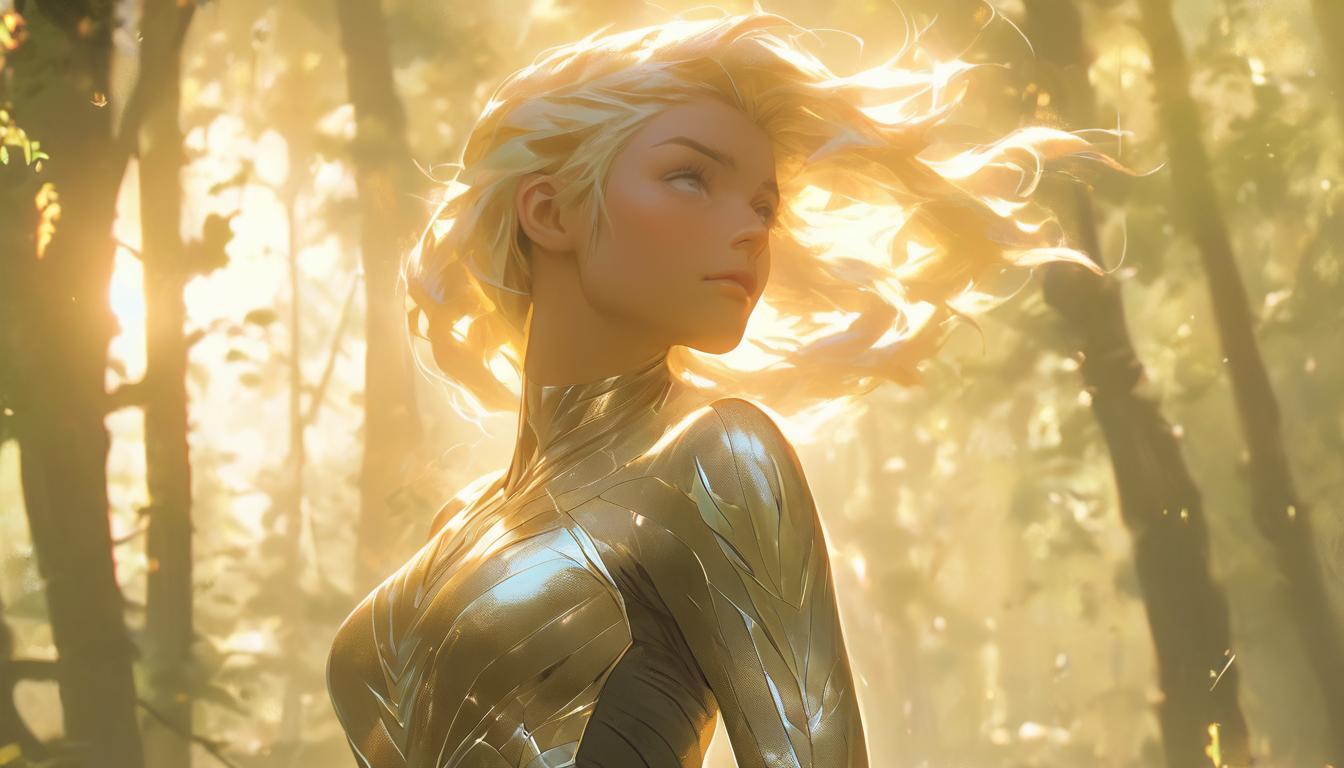  hyperrealism,fantasy aesthetic1woman, large busted attractive blonde arian female humanoid, morning dew shimmering, sunlight filtering through spider’s web, forest background, mood of delicate harmony, high tech clothing clad in sleek, futuristic costume with metallic accents and form fitting designs, marvel superhero comics style, unreal engine rendering