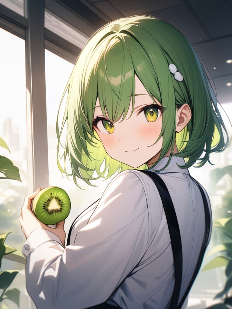  Cute, , yellow green eyes, yellow green hair color, kiwi decoration, kiwi fruits, eyes, green s, upper greens, uniforms, white shirts, medium hair, smiles, masterpiece, best quality,8k,ultra detailed,high resolution,an extremely delicate and beautiful,hyper detail