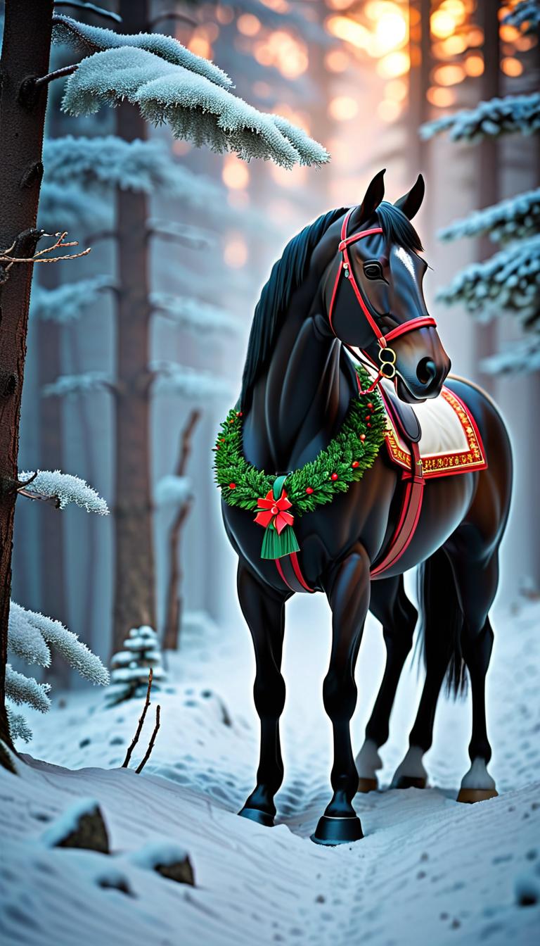  Professional 3D model of A winter horse stands in a forest that has Christmas decorations. . Rendered with Octane, the model is highly detailed,dramatic lighting. hyperrealistic, full body, detailed clothing, highly detailed, cinematic lighting, stunningly beautiful, intricate, sharp focus, f/1. 8, 85mm, (centered image composition), (professionally color graded), ((bright soft diffused light)), volumetric fog, trending on instagram, trending on tumblr, HDR 4K, 8K