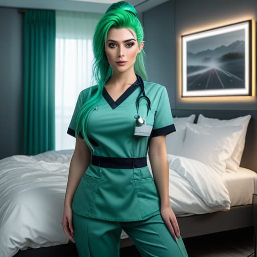  female nurse uniform, large, bedroom scene, very long straight green hair, short ponytail, narrow aqua eyes, personality, scared expression, very pale skin, magical, energetic hyperrealistic, full body, detailed clothing, highly detailed, cinematic lighting, stunningly beautiful, intricate, sharp focus, f/1. 8, 85mm, (centered image composition), (professionally color graded), ((bright soft diffused light)), volumetric fog, trending on instagram, trending on tumblr, HDR 4K, 8K hyperrealistic, full body, detailed clothing, highly detailed, cinematic lighting, stunningly beautiful, intricate, sharp focus, f/1. 8, 85mm, (centered image composition), (professionally color graded), ((bright soft diffused light)), volumetric fog, trending on instagram, trending on tumblr, HDR 4K, 8K