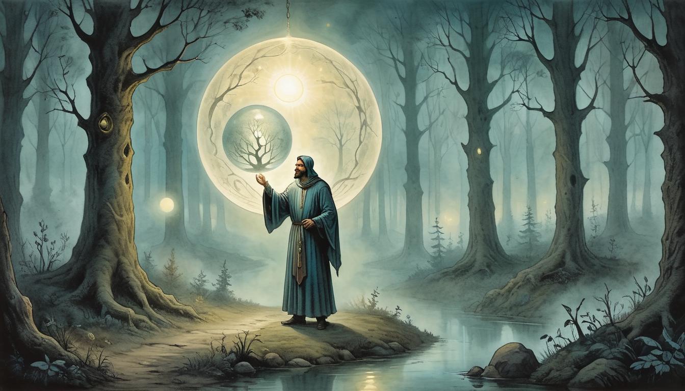  on parchment, surrealism+++, A luminous figure holding a glowing orb, standing at the edge of a misty forest, orb casting light on the path ahead, sense of guidance and hope(mysterious, provocative, symbolic,muted color)+++