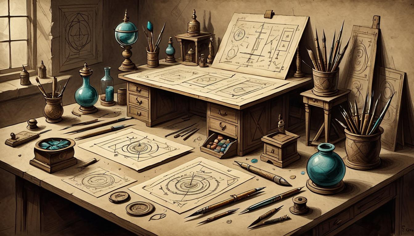  on parchment, surrealism+++, An artist's desk in a dimly lit room, drawing tools meticulously arranged, a painting in progress depicting both structured geometric shapes and flowing abstract forms, representing balance of discipline and creativity(mysterious, provocative, symbolic,muted color)+++