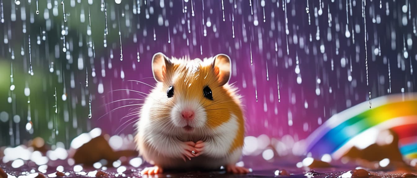  best quality, HD, Hamster in the rain on a rainbow background