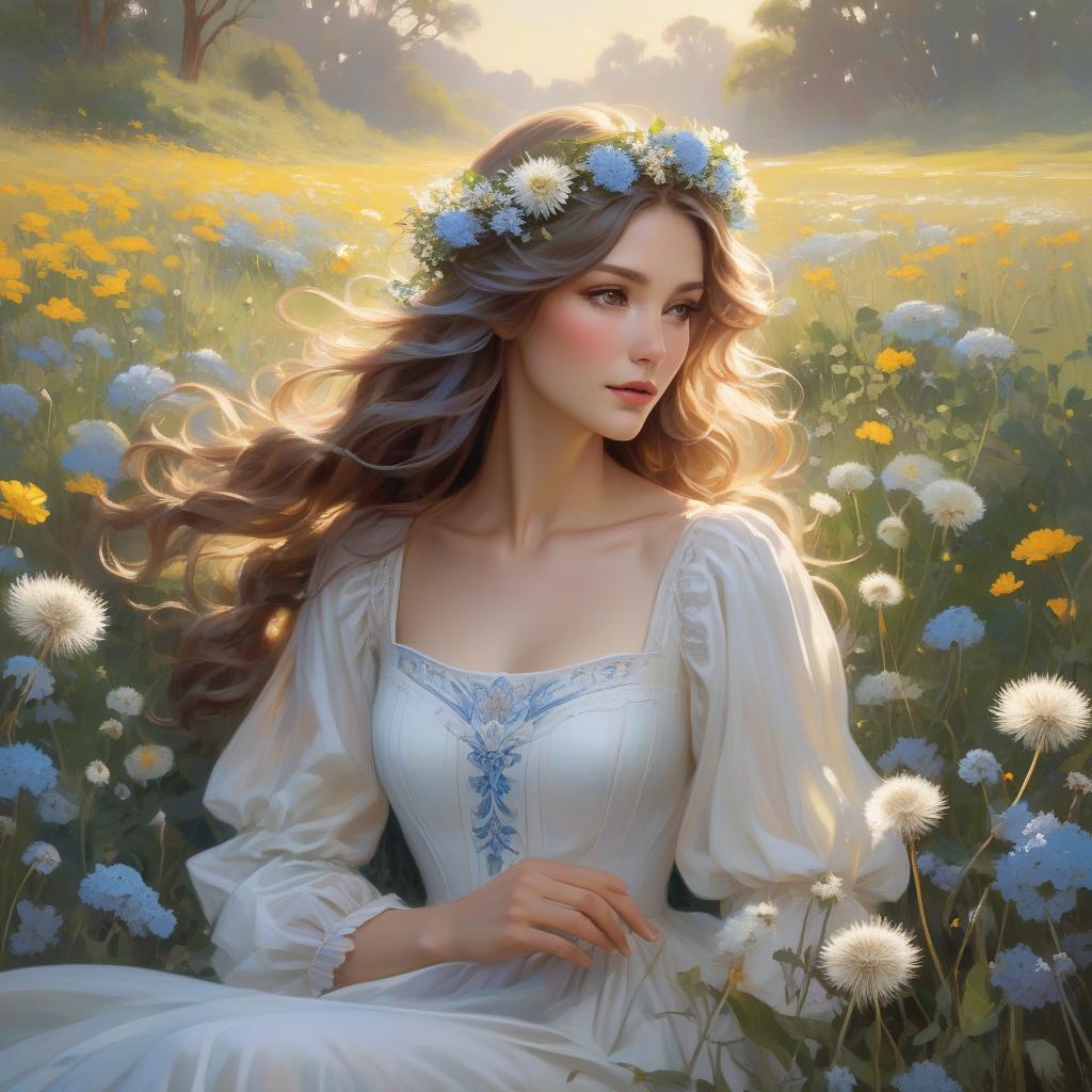  expressionist A with a floral crown and flowing hair is amidst a bright field of flowers, sunlight dappling through, creating a serene, magical atmosphere In the style of Daniel F Gerhartz and Morgan Weistling. A young with long, wavy hair adorned with small blue and white flowers blowing on a dandelion in a meadow filled with dandelions and other small flowers. She wears a white dress with puffy sleeves. The scene is ed in soft, warm light, creating a dreamy, ethereal atmosphere. Started from image: . raw, emotional, dynamic, distortion for emotional effect, vint, use of unusual colors, detailed hyperrealistic, full body, detailed clothing, highly detailed, cinematic lighting, stunningly beautiful, intricate, sharp focus, f/1. 8, 85mm, (centered image composition), (professionally color graded), ((bright soft diffused light)), volumetric fog, trending on instagram, trending on tumblr, HDR 4K, 8K