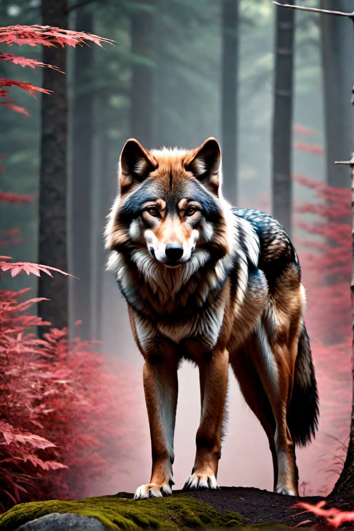  Vibrant depiction of a wolf using minimal design elements and bright colors. hyperrealistic, full body, detailed clothing, highly detailed, cinematic lighting, stunningly beautiful, intricate, sharp focus, f/1. 8, 85mm, (centered image composition), (professionally color graded), ((bright soft diffused light)), volumetric fog, trending on instagram, trending on tumblr, HDR 4K, 8K