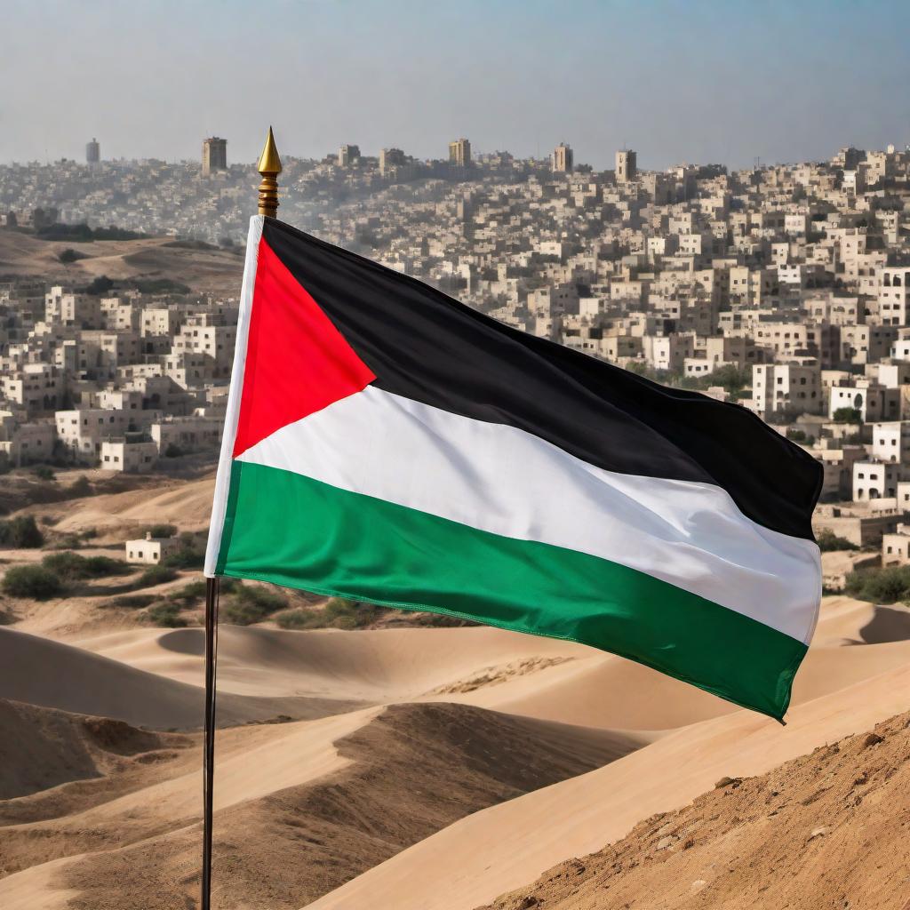  An illustration of the Palestine flag made out of Keffiyeh material, planted firmly on the Gaza Strip. The background should clearly show the map or landscape of Gaza, emphasizing its geographic and cultural significance. The Keffiyeh fashion of the flag should symbolize resistance, heritage, and unity for the people of Gaza. hyperrealistic, full body, detailed clothing, highly detailed, cinematic lighting, stunningly beautiful, intricate, sharp focus, f/1. 8, 85mm, (centered image composition), (professionally color graded), ((bright soft diffused light)), volumetric fog, trending on instagram, trending on tumblr, HDR 4K, 8K