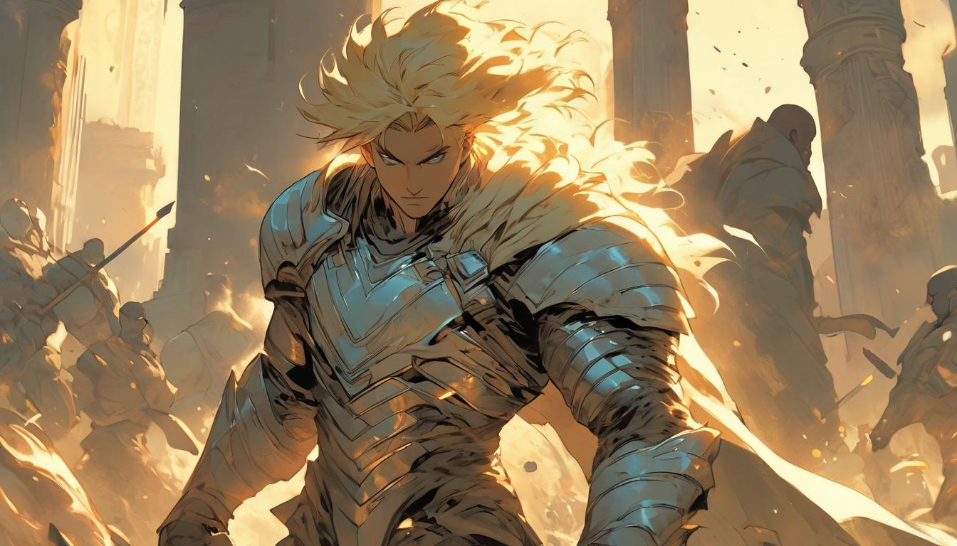  hyperrealism,fantasy aesthetic1man, attractive blonde male humanoid, knightly attire, holding a bright sword, aura of strength, ancient ruins in the background, serious expression, high tech clothing clad in sleek, futuristic costume with metallic accents and form fitting designs, marvel superhero comics style, unreal engine rendering