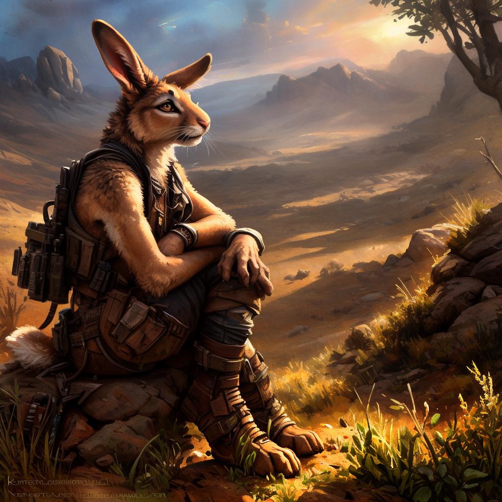  post apocalypse setting, rabbit, lagomorph, wastelander outfit, sitting pose, contenplative, outside, countershade, sunlight, golden hour, depth of field, (by kenket:1.3) hyperrealistic, full body, detailed clothing, highly detailed, cinematic lighting, stunningly beautiful, intricate, sharp focus, f/1. 8, 85mm, (centered image composition), (professionally color graded), ((bright soft diffused light)), volumetric fog, trending on instagram, trending on tumblr, HDR 4K, 8K