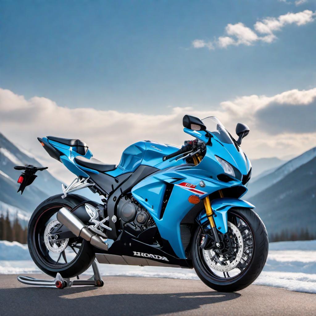  A Honda CBR 600RR motorcycle, the color of ice, with a sleek and stylish design that highlights its icy blue hue. The motorcycle should be shown in a dynamic pose, perhaps speeding down a sleek, modern road with a cool, crisp atmosphere. The background should be minimal to emphasize the bike's unique color and design. hyperrealistic, full body, detailed clothing, highly detailed, cinematic lighting, stunningly beautiful, intricate, sharp focus, f/1. 8, 85mm, (centered image composition), (professionally color graded), ((bright soft diffused light)), volumetric fog, trending on instagram, trending on tumblr, HDR 4K, 8K