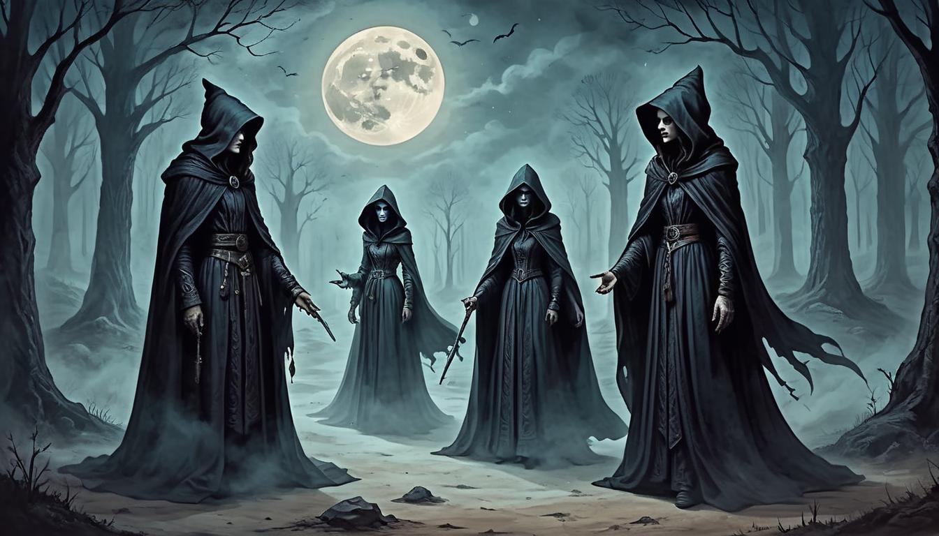  on parchment, surrealism+++, Dark sorceresses whispering secrets, cloaked figures, deep hoods casting shadows, aura of secrecy and betrayal, moonlit background(mysterious, provocative, symbolic,muted color)+++