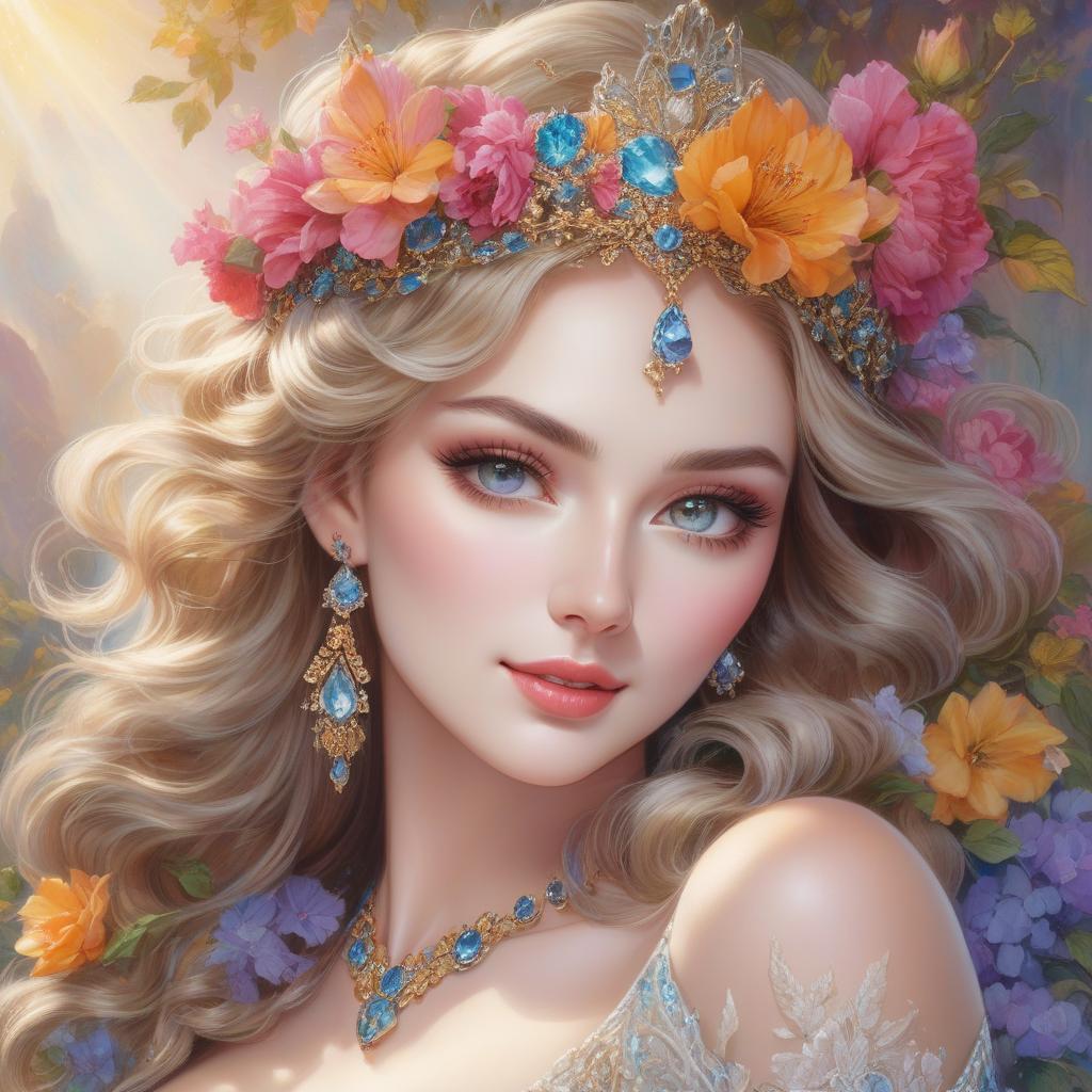  A portrait of a woman with a flower crown and bejeweled accessories against a soft, colorful background. Watercolor in the style of Josephine Wall, Tomasz Allen Kopera, Dariusz Zawadzki, Andreja Peklar, Ivan Shiskine,Create an image of a young woman with a radiant and cheerful expression. Her skin is smooth with a fair complexion. She has large, captivating eyes with a gentle gaze and well defined eyebrows. Her full lips curve into a warm, inviting smile that enhances her approachable aura. Her hair is voluminous and flows in luxurious, well defined waves, cascading around her face and shoulders. The hair color is a soft, monochromatic hue that harmonizes with the colour tone of the image, giving an overall classical and timeless feel. She  hyperrealistic, full body, detailed clothing, highly detailed, cinematic lighting, stunningly beautiful, intricate, sharp focus, f/1. 8, 85mm, (centered image composition), (professionally color graded), ((bright soft diffused light)), volumetric fog, trending on instagram, trending on tumblr, HDR 4K, 8K