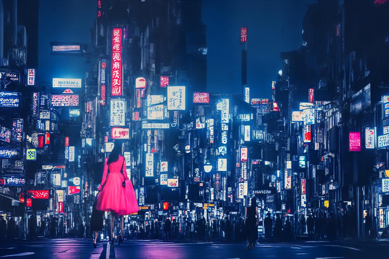  masterpiece, high quality, 4K, HDR BREAK A young woman walking through the neon lit streets of Osaka at night. BREAK A young woman wearing a stylish dress and high heels, carrying a small purse. BREAK The woman is walking confidently down a crowded city street, looking around at the bright lights and bustling nightlife. BREAK Busy city streets of Osaka at night, with neon signs, skyscrapers, and crowds of people. hyperrealistic, full body, detailed clothing, highly detailed, cinematic lighting, stunningly beautiful, intricate, sharp focus, f/1. 8, 85mm, (centered image composition), (professionally color graded), ((bright soft diffused light)), volumetric fog, trending on instagram, trending on tumblr, HDR 4K, 8K