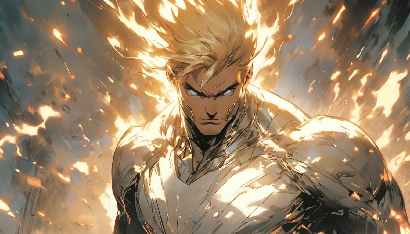  hyperrealism,fantasy aesthetic1man, attractive blonde male humanoid, surrounded by white light, focused expression, breaking free from dark tendrils, high tech clothing clad in sleek, futuristic costume with metallic accents and form fitting designs, marvel superhero comics style, unreal engine rendering