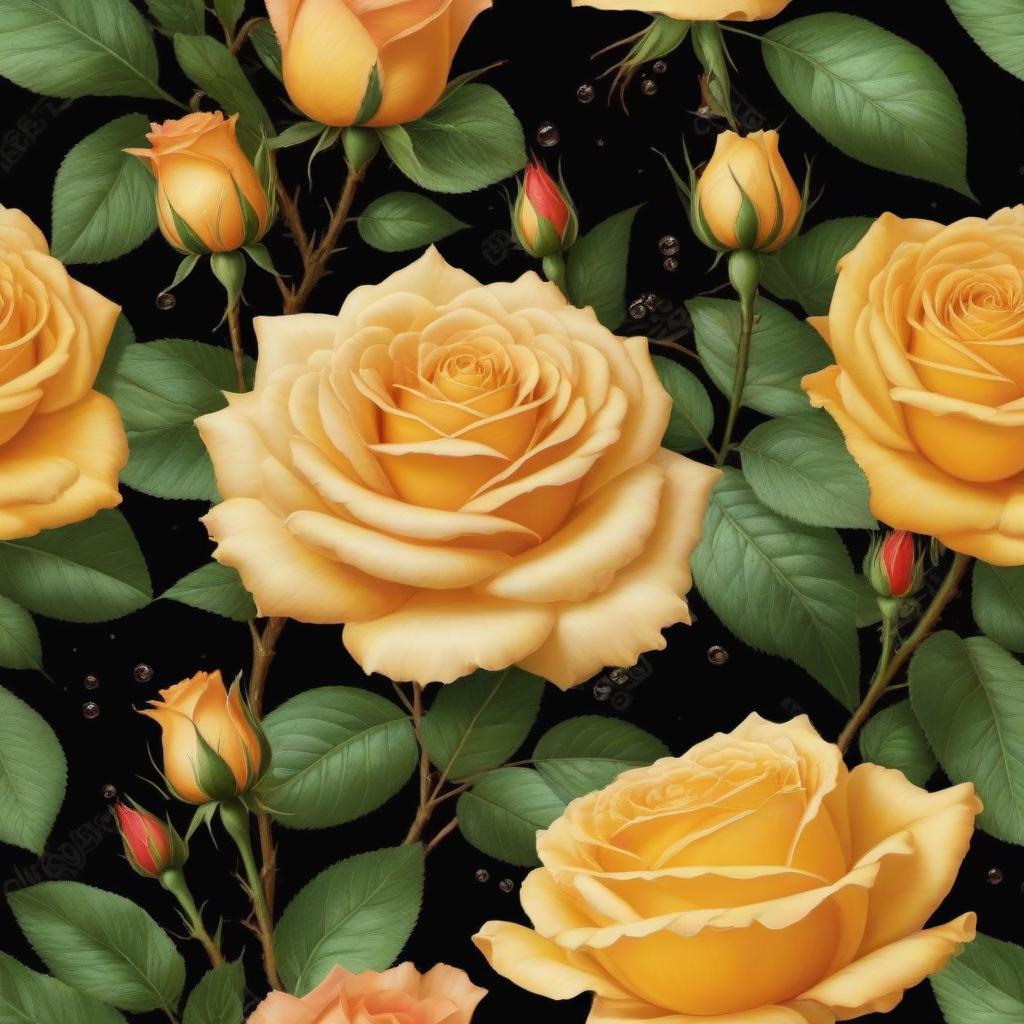  Golden roses with black dew drops Realistic style