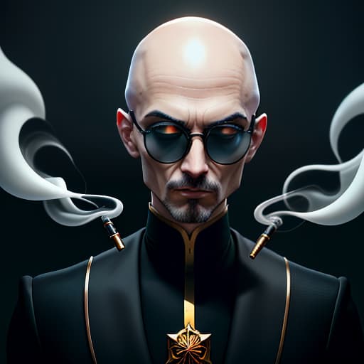  A bald cyanide priest with tiny round glasses smokes a cigarette., (Surrealism), dreamlike , distorted , abstract , symbolic hyperrealistic, full body, detailed clothing, highly detailed, cinematic lighting, stunningly beautiful, intricate, sharp focus, f/1. 8, 85mm, (centered image composition), (professionally color graded), ((bright soft diffused light)), volumetric fog, trending on instagram, trending on tumblr, HDR 4K, 8K