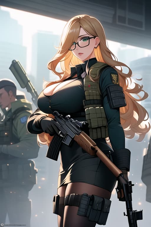  Scarlett Johansson, best quality, uniform, microphone, assault rifle, thigh holster, military uniform, weapon, skirt, glasses, gloves, animal, pug, krag jorgensen, m1911, dog, first aid kit, pantyhose, snake, long sleeves, fn fal, green skirt, military, m60, rifle, bandages, Amazing perfect body, huge boobs, cleavage, long wavy hair, blonde hair, military operator, load bearing vest, handgun, watch, machine gun, solo, holster, short hair, bandage over one eye, headset, gun, green eyes, masterpiece, newest, absurdres, safe hyperrealistic, full body, detailed clothing, highly detailed, cinematic lighting, stunningly beautiful, intricate, sharp focus, f/1. 8, 85mm, (centered image composition), (professionally color graded), ((bright soft diffused light)), volumetric fog, trending on instagram, trending on tumblr, HDR 4K, 8K