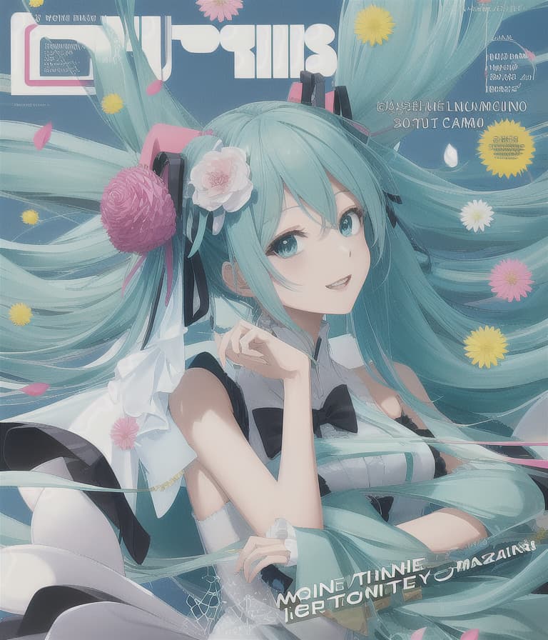   Magazine cover featuring a well dressed Hatsune Miku The image should show Hatsune Miku in stylish and elegant attire The clothes on Hatsune Miku should be fashionable and appropriate for a magazine cover Ensure the image reflects high quality and attention to detail Include English text such as username, watermark, artist name, and signature (e.g., 1.1)