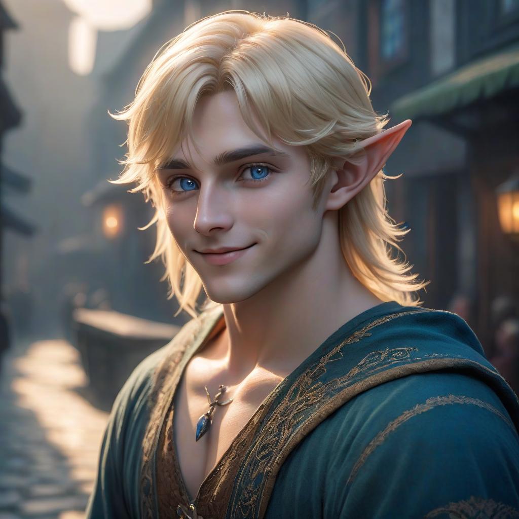  The guy is an elf with blond blond hair. The hair is short, slightly curly. The eyes are a bright deep blue color. The face is round. He smiles tenderly. His eyes are slyly narrowed. hyperrealistic, full body, detailed clothing, highly detailed, cinematic lighting, stunningly beautiful, intricate, sharp focus, f/1. 8, 85mm, (centered image composition), (professionally color graded), ((bright soft diffused light)), volumetric fog, trending on instagram, trending on tumblr, HDR 4K, 8K