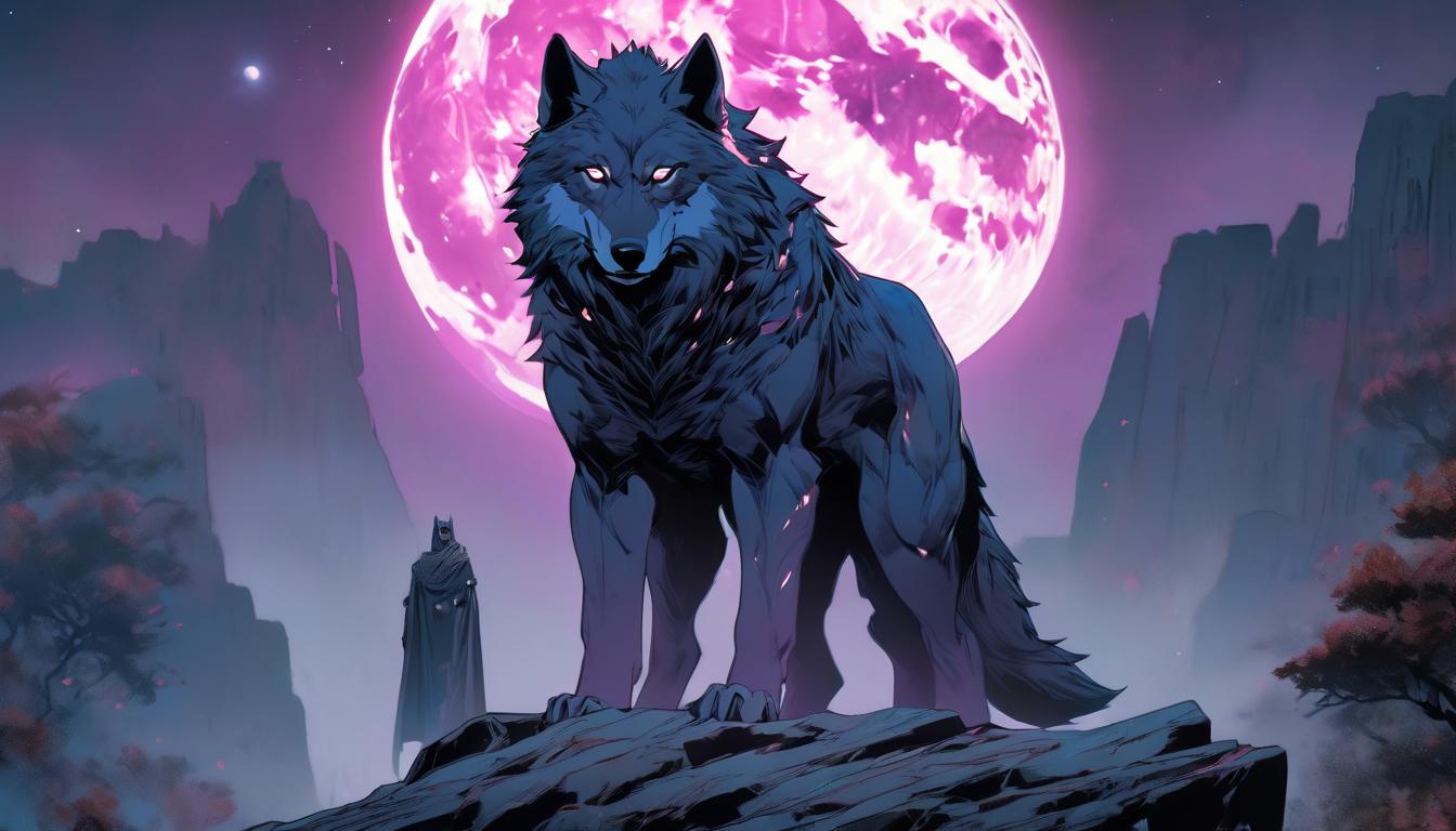  hyperrealism,fantasy aestheticMajestic lone wolf, illuminated by the moon, standing tall on a rocky cliff, piercing eyes glowing in the night, strong, independent, visionary, high tech clothing clad in sleek, futuristic costume with metallic accents and form fitting designs, marvel superhero comics style, unreal engine rendering