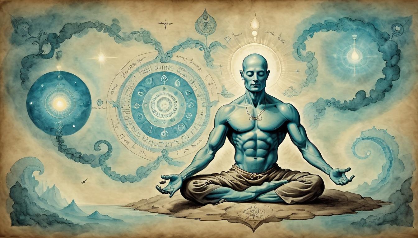  on parchment, surrealism+++, Human figure meditating, surrounded by a luminous aura, representing environmental factors influencing DNA, serene ambiance, connection, contemplation(mysterious, provocative, symbolic,muted color)+++