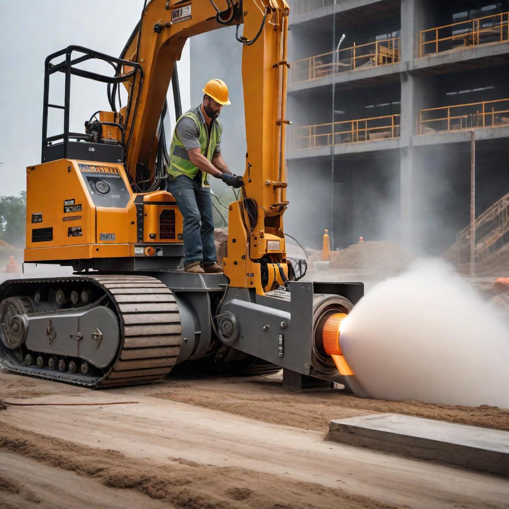  A guy operating a Power Curber curb machine, actively pouring out a curb. The machine should be clearly visible with the operator handling it, and concrete being poured out to form the curb. The scene is set in a construction site with relevant elements such as safety barriers, signs, and possibly other workers in the background. hyperrealistic, full body, detailed clothing, highly detailed, cinematic lighting, stunningly beautiful, intricate, sharp focus, f/1. 8, 85mm, (centered image composition), (professionally color graded), ((bright soft diffused light)), volumetric fog, trending on instagram, trending on tumblr, HDR 4K, 8K