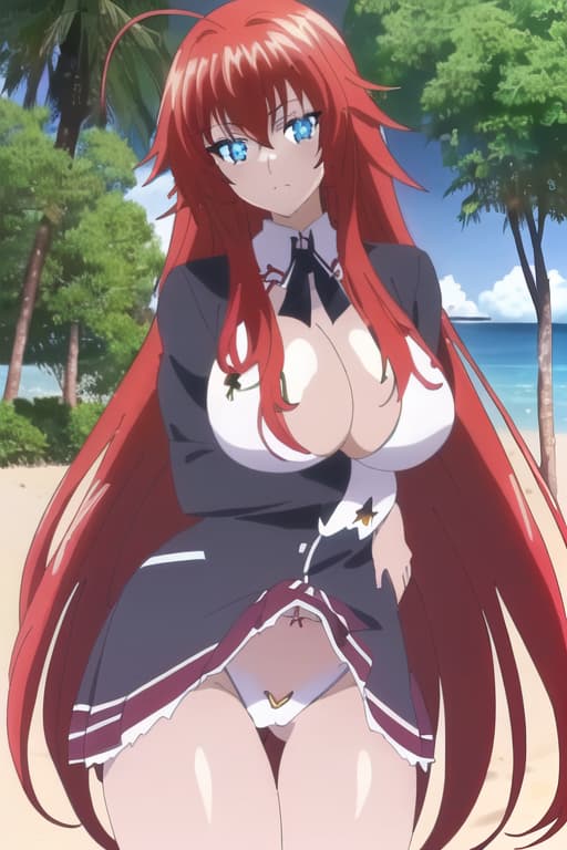  ,on the beach,sunny beautiful day,age,cameltoe,long hair,,realistic,anime style,one hand inside .,masterpiece, best quality, 1women, long red hair, looking at viewer, :3, cute, black uniform, outdoors, streets, cowboy shot, curvy, (((blue eyes))), rias gremory, red hair, antenna hair, wavy hair, ((beautiful detailed eyes, beautiful detailed glow, lots of glow)), anime screencap