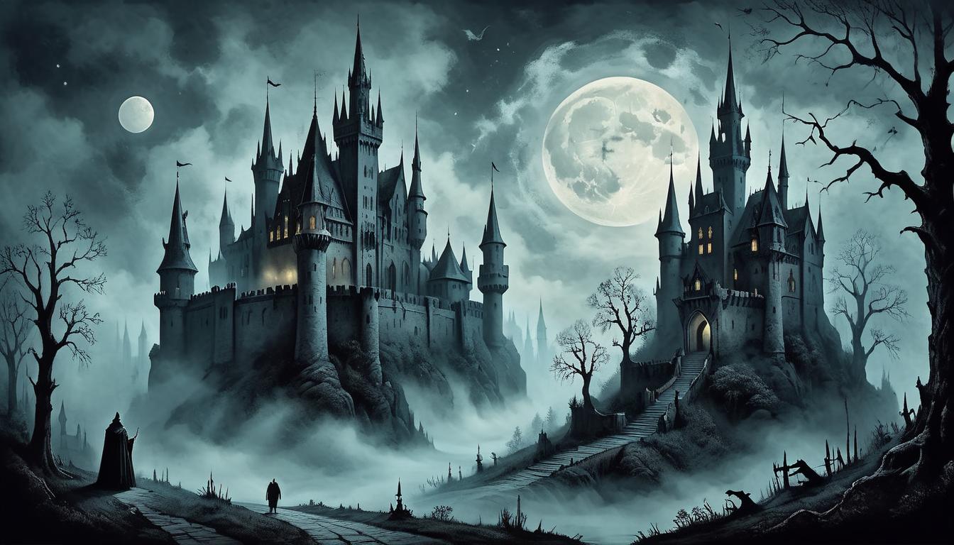  on parchment, surrealism+++, Gothic castle shrouded in mist, towering spires reaching skyward, moonlight casting eerie shadows, sense of isolation, haunting beauty(mysterious, provocative, symbolic,muted color)+++