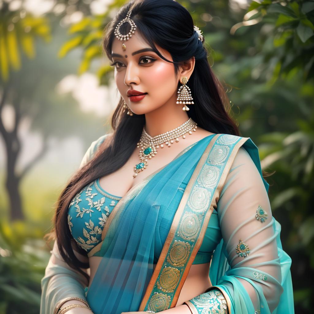  a Chubby indian women in blue saree, at greenery park, clean face details, portrait, hyperrealistic, full body, detailed clothing, highly detailed, cinematic lighting, stunningly beautiful, intricate, sharp focus, f/1. 8, 85mm, (centered image composition), (professionally color graded), ((bright soft diffused light)), volumetric fog, trending on instagram, trending on tumblr, HDR 4K, 8K