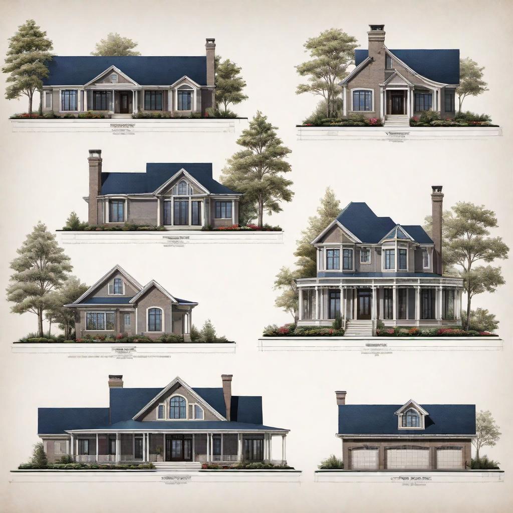  A collection of 10 different house blueprints and pictures. The blueprints should detail the layout of rooms, dimensions, and structural elements. The pictures should provide exterior views, highlighting unique architectural features for each house. The styles should include modern, traditional, contemporary, minimalist, and colonial with features like large windows, sleek roofs, and landscaped surroundings. hyperrealistic, full body, detailed clothing, highly detailed, cinematic lighting, stunningly beautiful, intricate, sharp focus, f/1. 8, 85mm, (centered image composition), (professionally color graded), ((bright soft diffused light)), volumetric fog, trending on instagram, trending on tumblr, HDR 4K, 8K