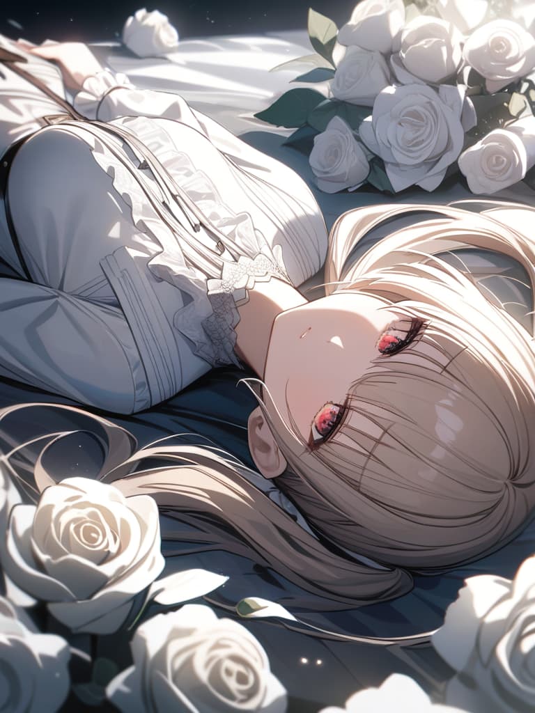  Girl, hair color beige, gothic fashion with many red, white frills, many white roses, white roses, stars, fleeting, light, twin tails, lying down, lying down, masterpiece, best quality,8k,ultra detailed,high resolution,an extremely delicate and beautiful,hyper detail