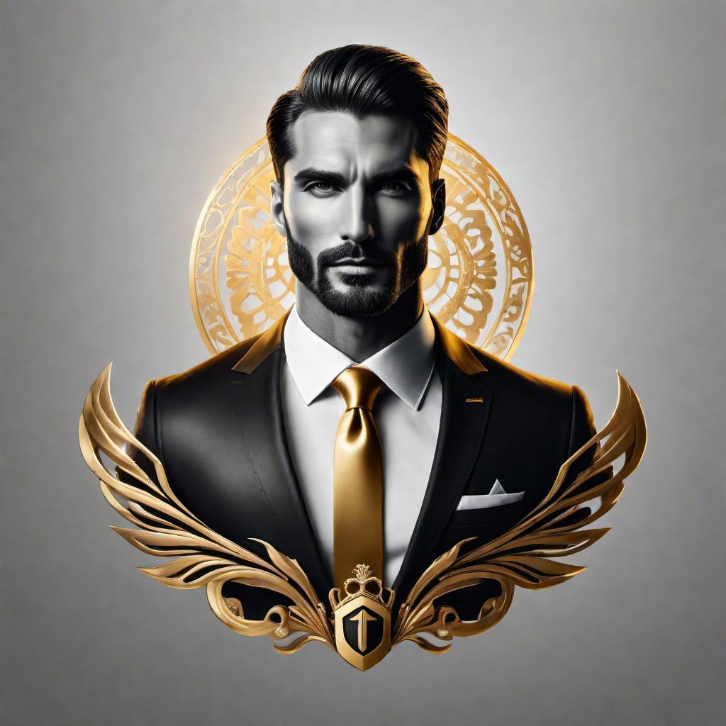  A modern logo for a business named 'MetroPolish' in black and gold colors. The logo should represent a men's personal care product. Elements to include: a stylish hair, a clean-shaven man, a yacht, and a suit. The design should be sleek and sophisticated, emphasizing luxury and modernity. hyperrealistic, full body, detailed clothing, highly detailed, cinematic lighting, stunningly beautiful, intricate, sharp focus, f/1. 8, 85mm, (centered image composition), (professionally color graded), ((bright soft diffused light)), volumetric fog, trending on instagram, trending on tumblr, HDR 4K, 8K